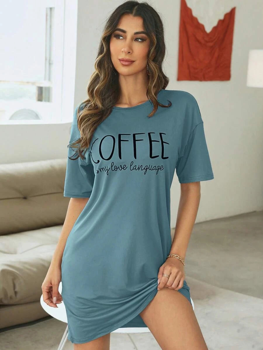 Slogan Graphic Drop Sleepshirt Nightdress Blue