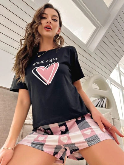 Slogan Graphic Pattern Tee And Shorts Set