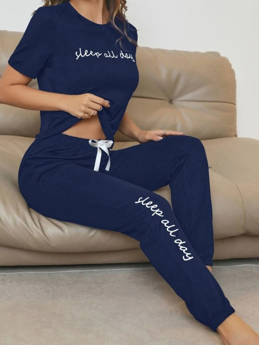 Slogan Graphic Tee And Bow Front Pants Lounge Set