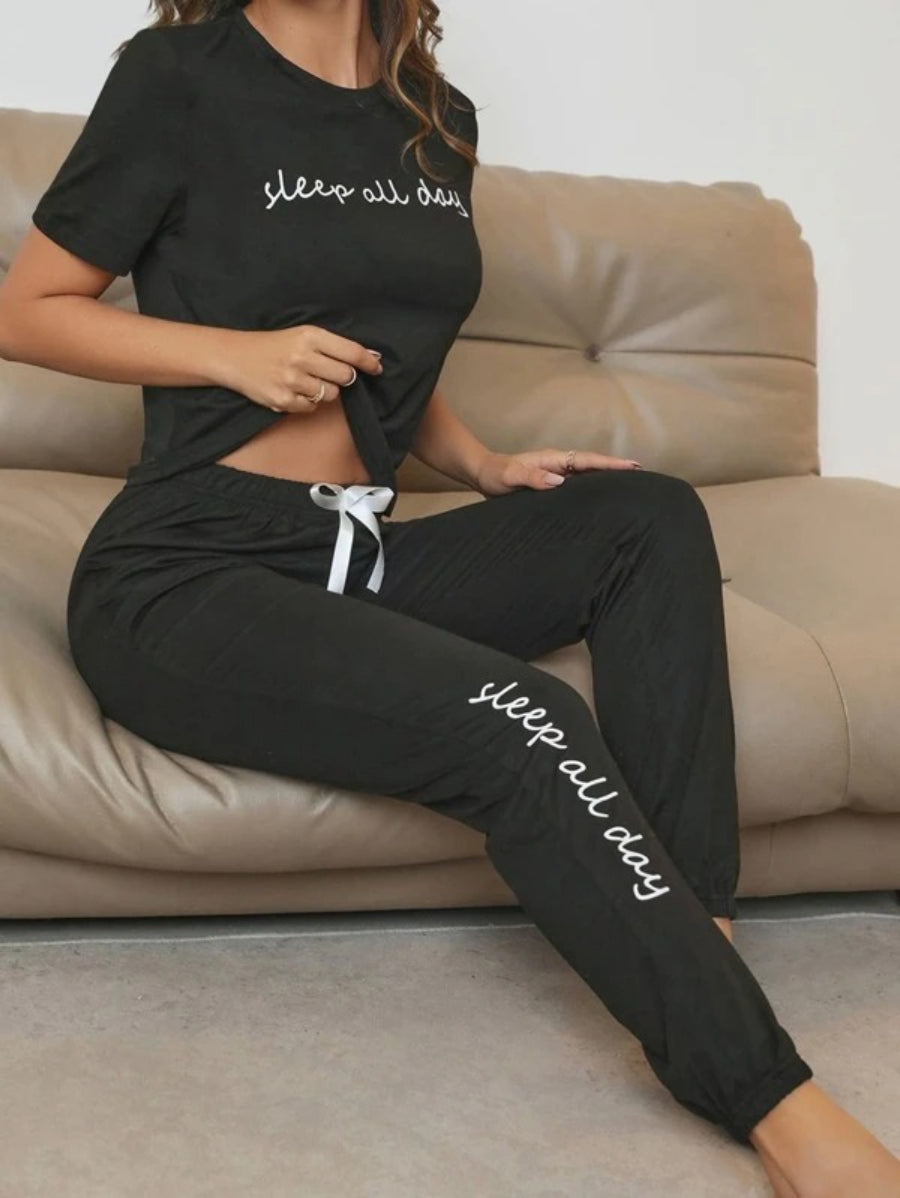Slogan Graphic Tee And Bow Front Pants Lounge Set