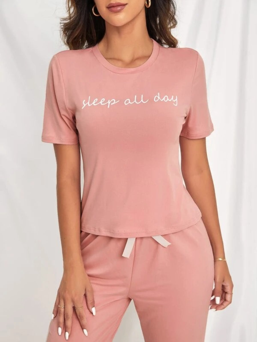 Slogan Graphic Tee And Bow Front Pants Lounge Set