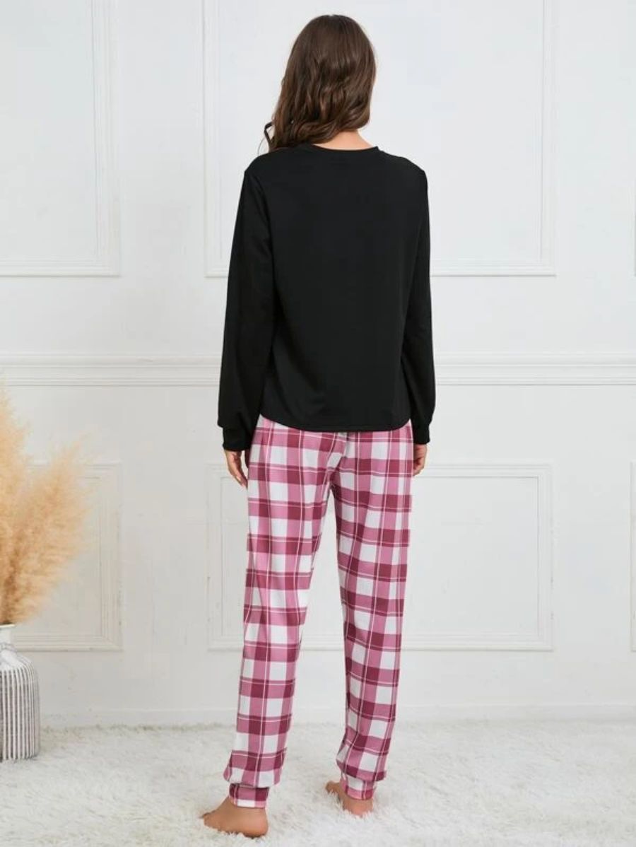 Slogan Graphic Top And Plaid Pants PJ Set