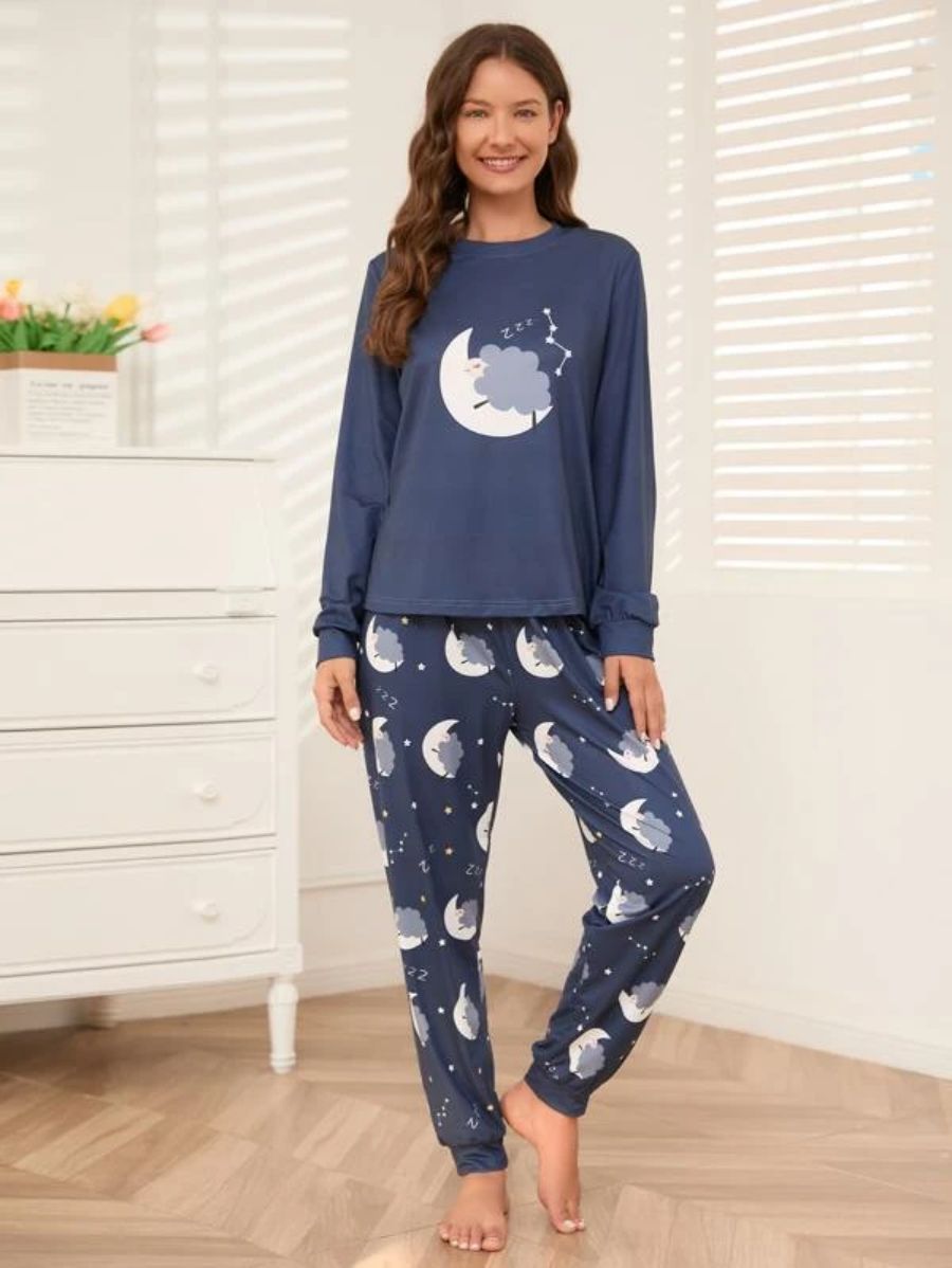 Slogan Graphic Top And Plaid Pants PJ Set Blue