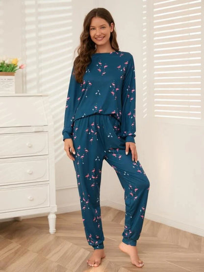 Slogan Graphic Top And Plaid Pants PJ Set Dark Blue