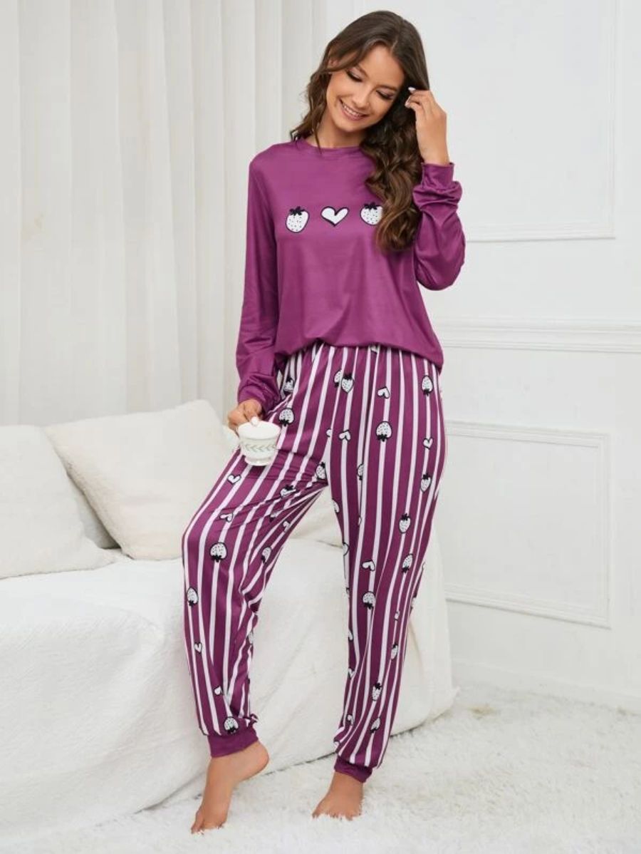 Slogan Graphic Top And Plaid Pants PJ Set