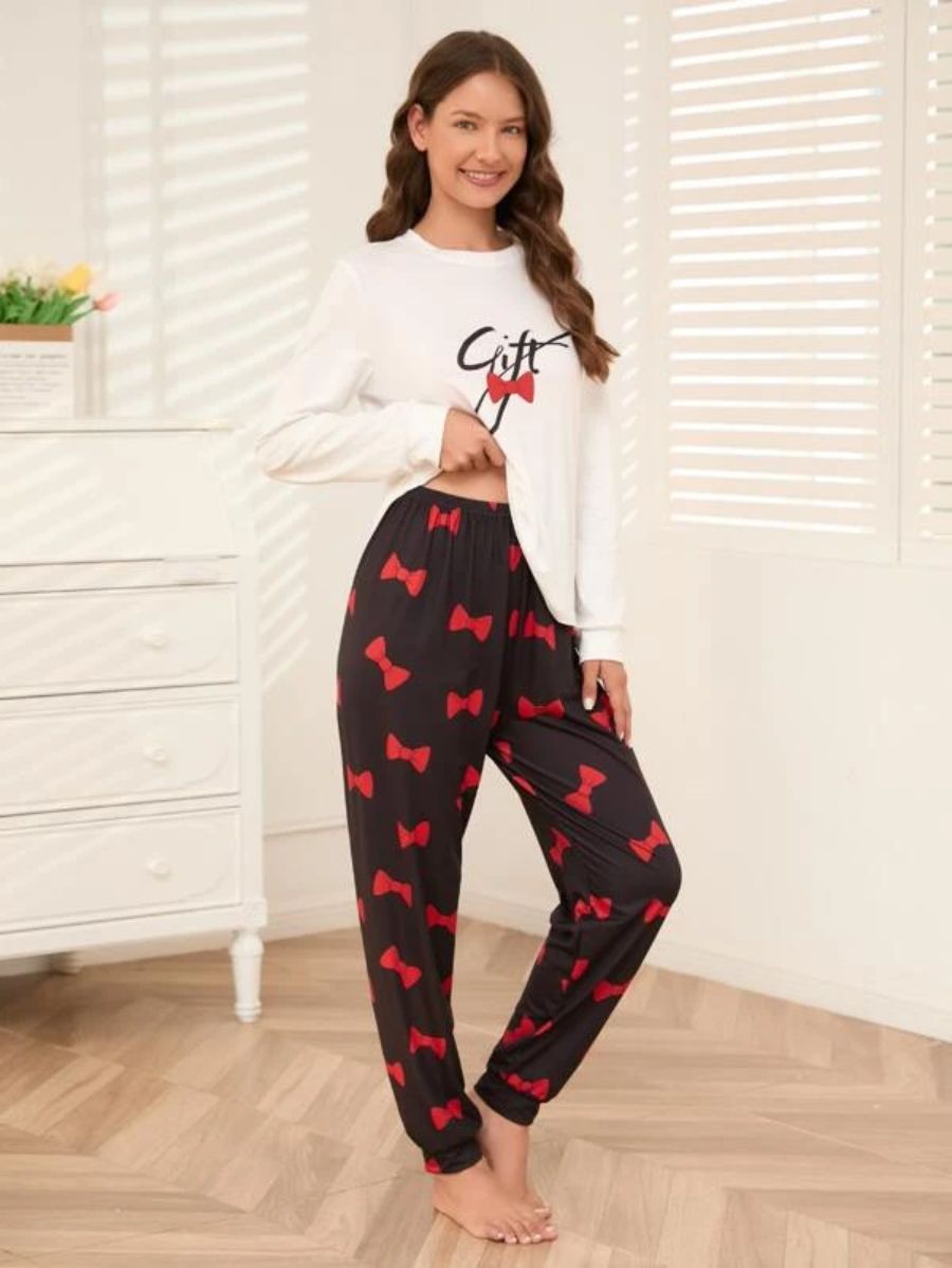 Slogan Graphic Top And Plaid Pants PJ Set