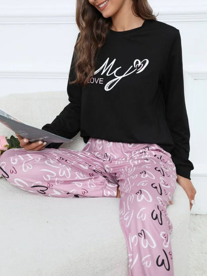 Slogan Graphic Top And Plaid Pants PJ Set