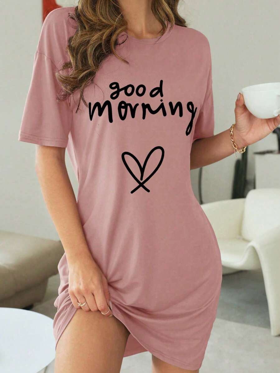 Slogan Print Stretch Sleep Shirts Pink