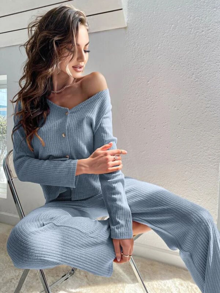 Buttoned Front Solid Color Lounge Set