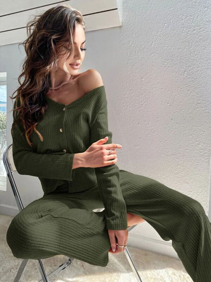 Buttoned Front Solid Color Lounge Set