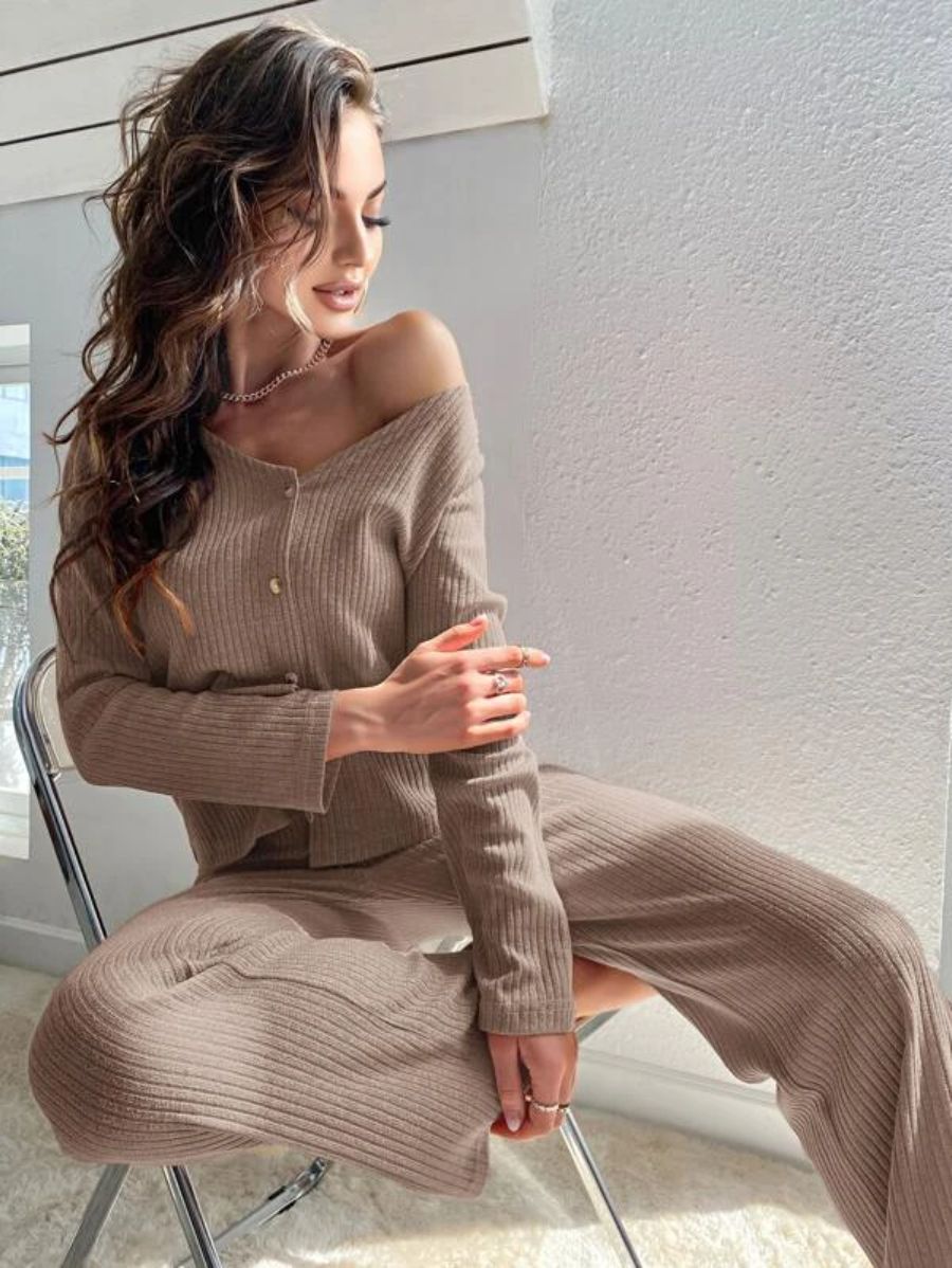 Buttoned Front Solid Color Lounge Set