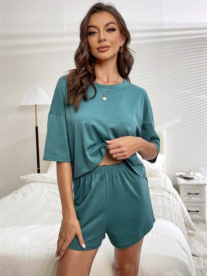 Solid Drop Tee And Shorts Lounge Set Green