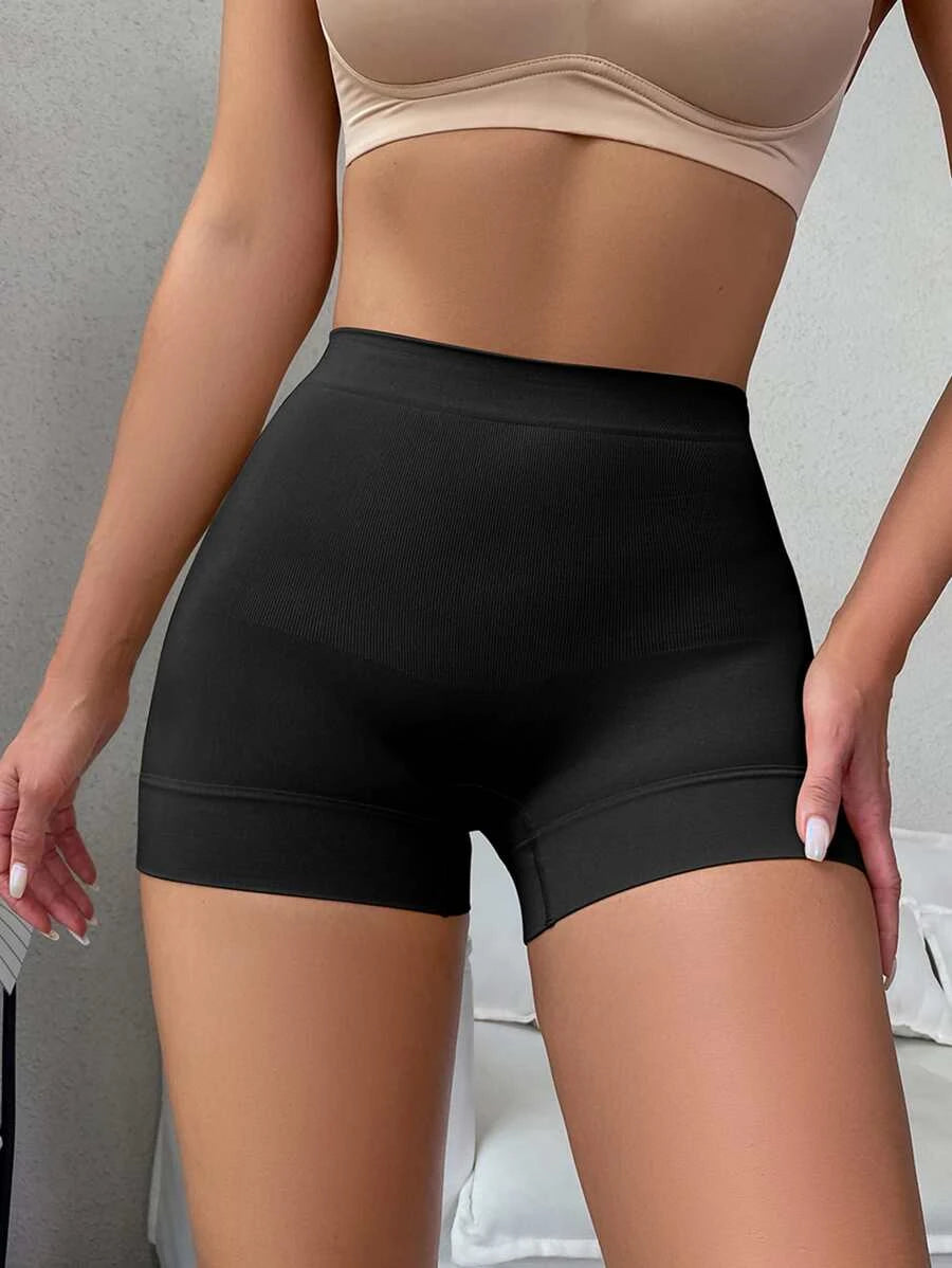 Solid Ribbed Knit Shapewear Shorts Black