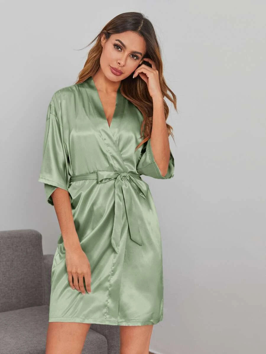 Solid Satin Belted Robe Green