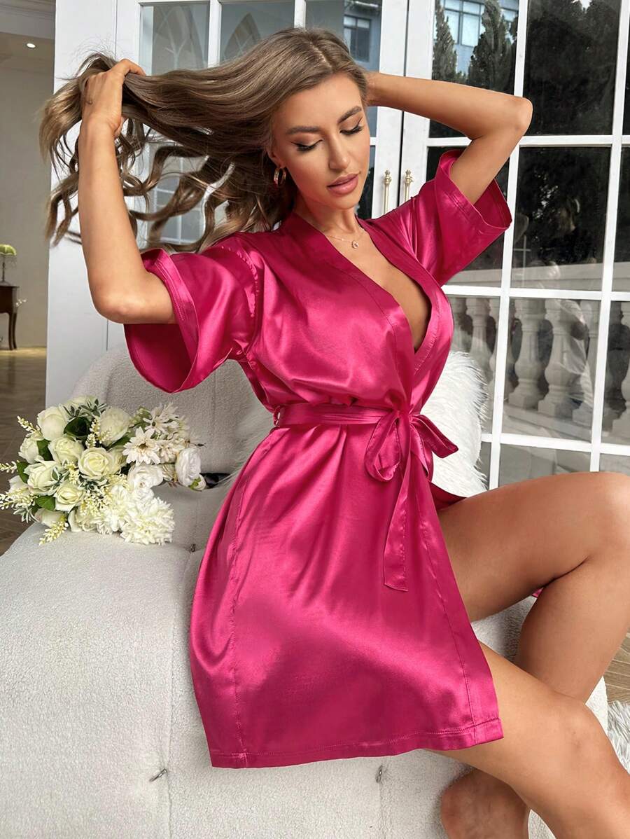 Solid Satin Belted Robe Dark Pink