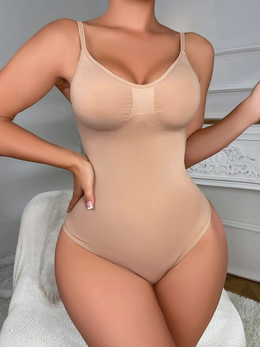 Solid Shapewear Thongs Bodysuit Beige