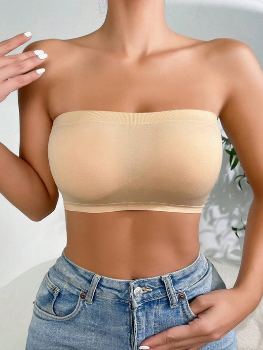 Solid Strapless Wireless Bra Beige