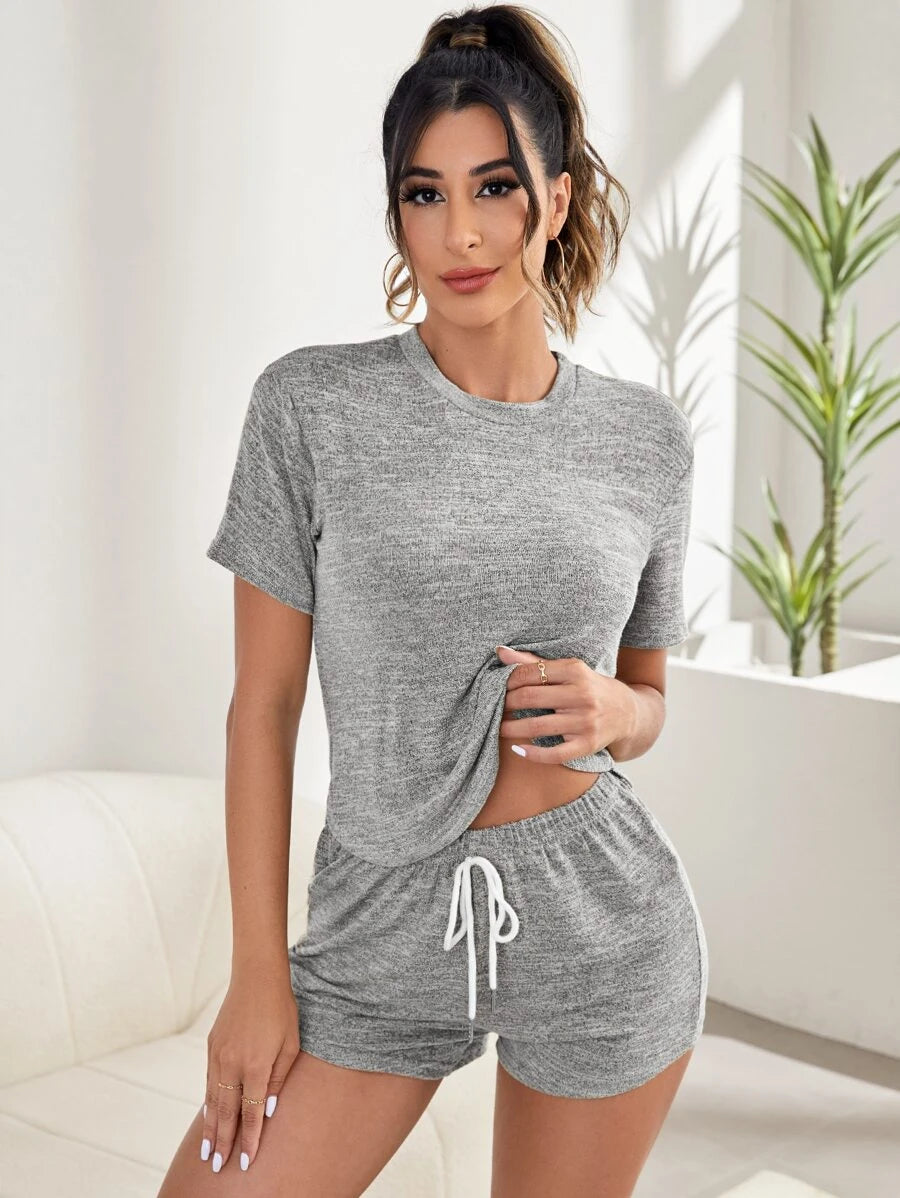 Solid Tee And Tie Front Shorts Lounge Set