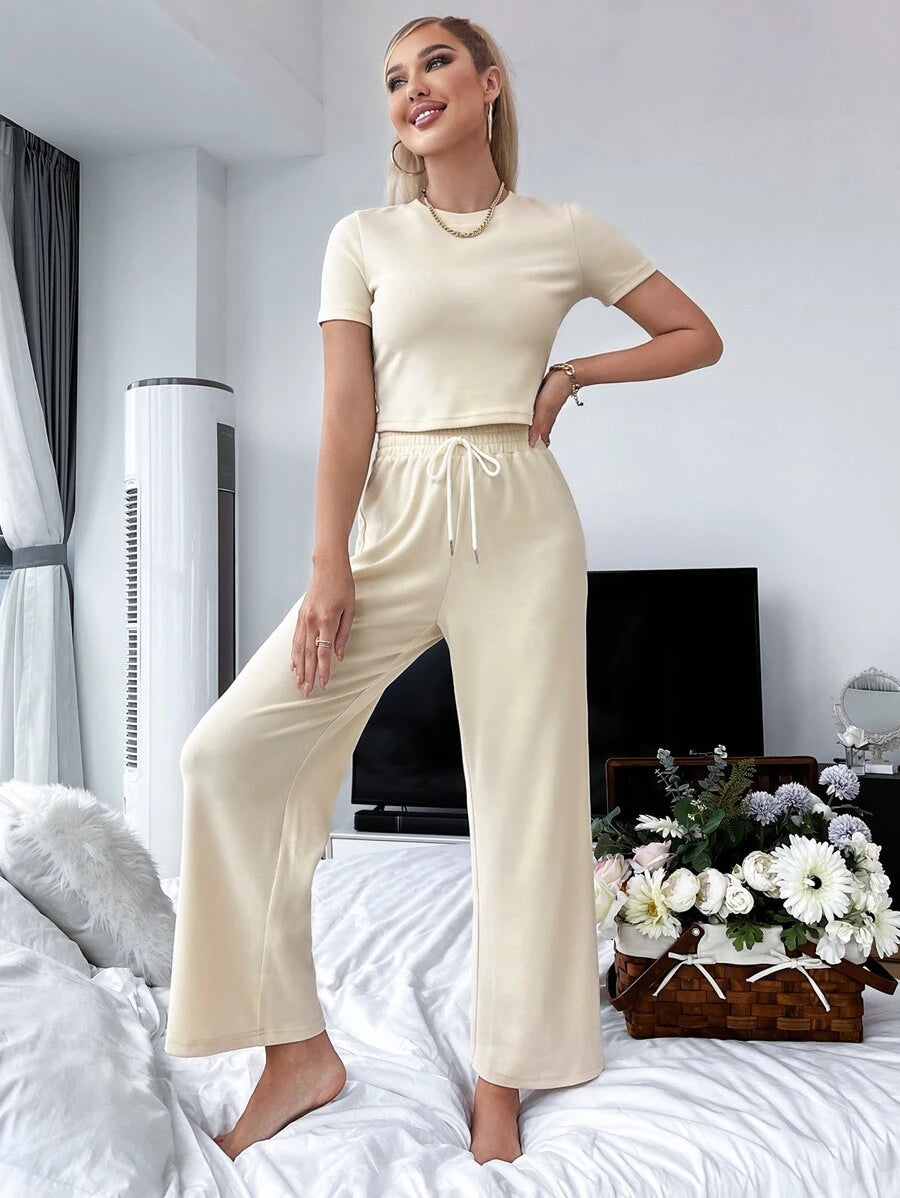 Solid Tee And Pants Lounge Set Beige