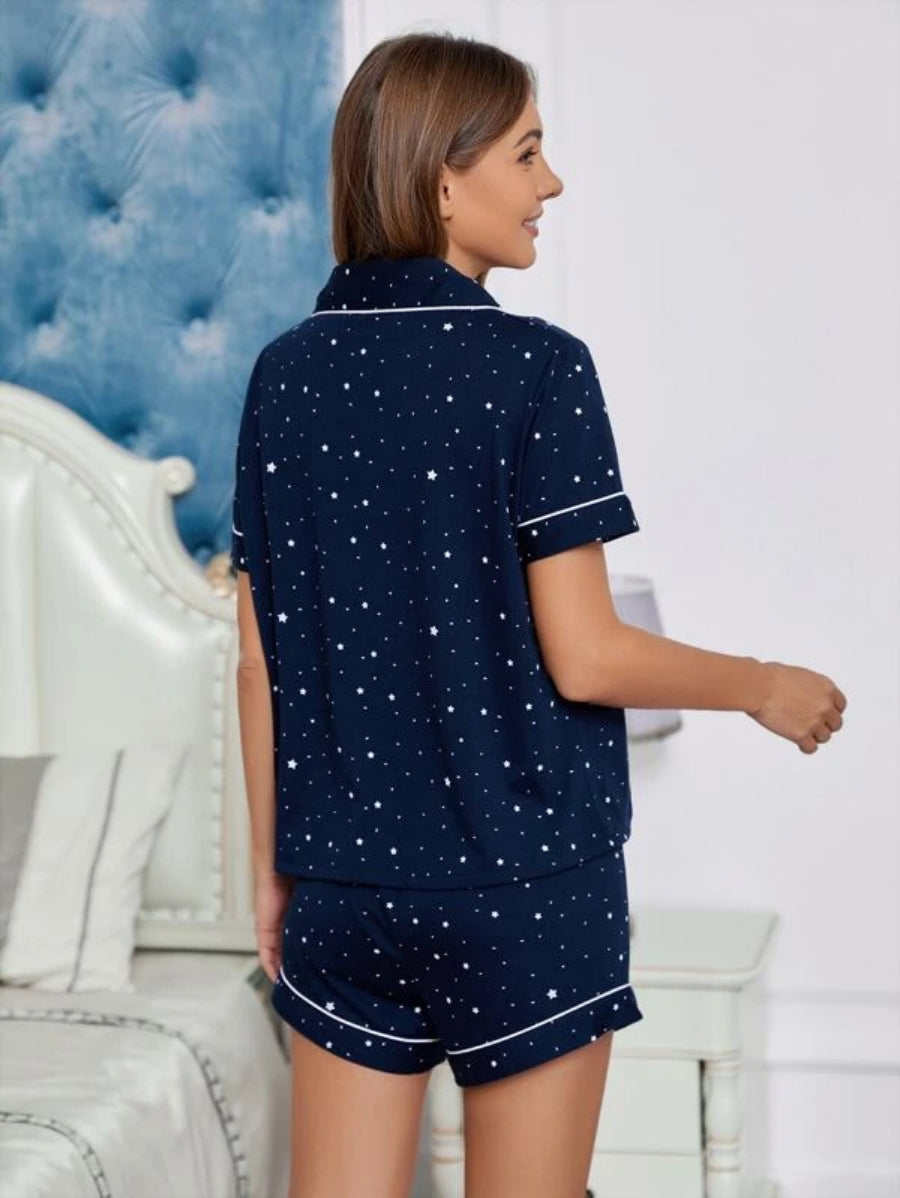 Star Print Contrast Piping Blouse And Shorts Set