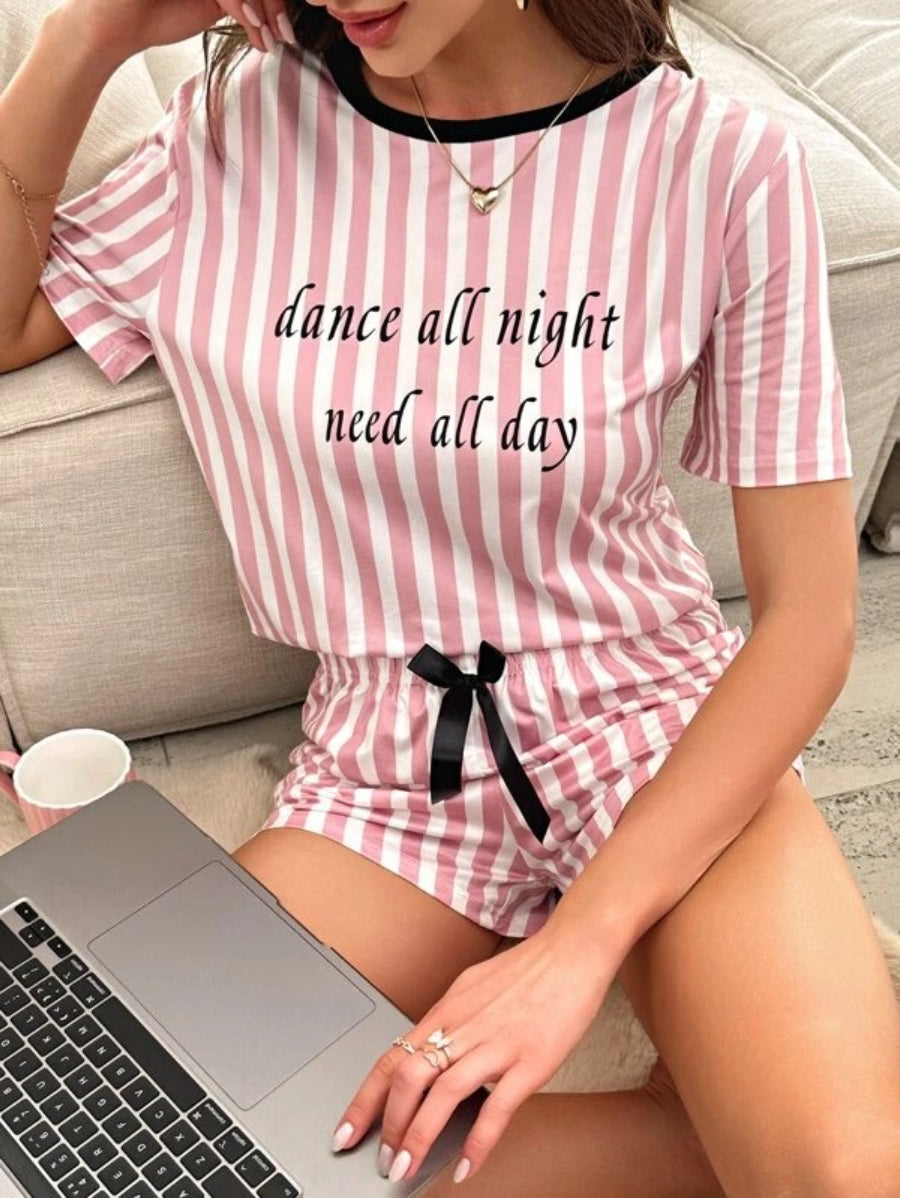 Striped And Slogan Graphic Bow Front Shorts Set