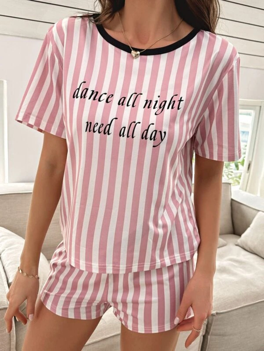 Striped And Slogan Graphic Bow Front Shorts Set