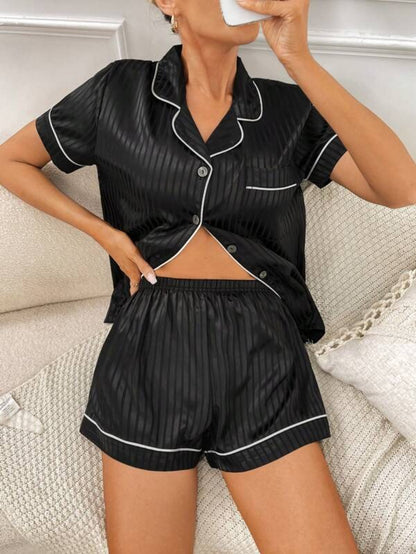 Striped Contrast Piping Satin Shorts Set