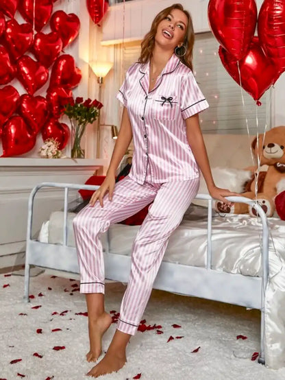 Striped Print Contrast Binding Satin Pajama Set