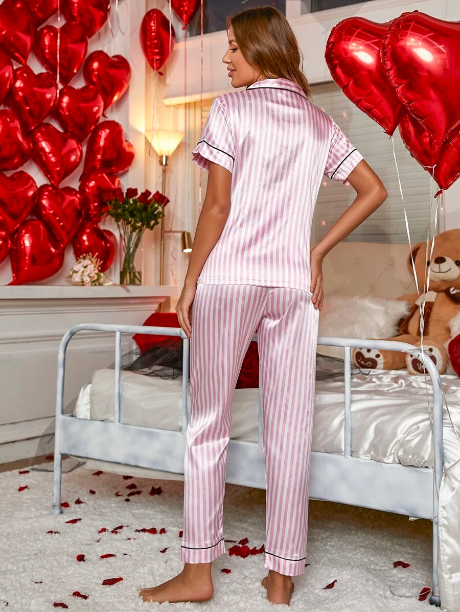 Striped Print Contrast Binding Satin Set