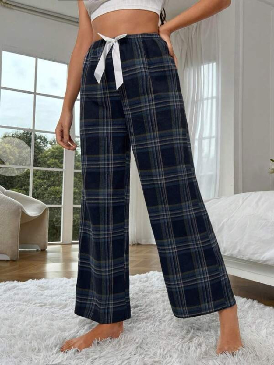 Tie Front Plaid Print Sleep Pants