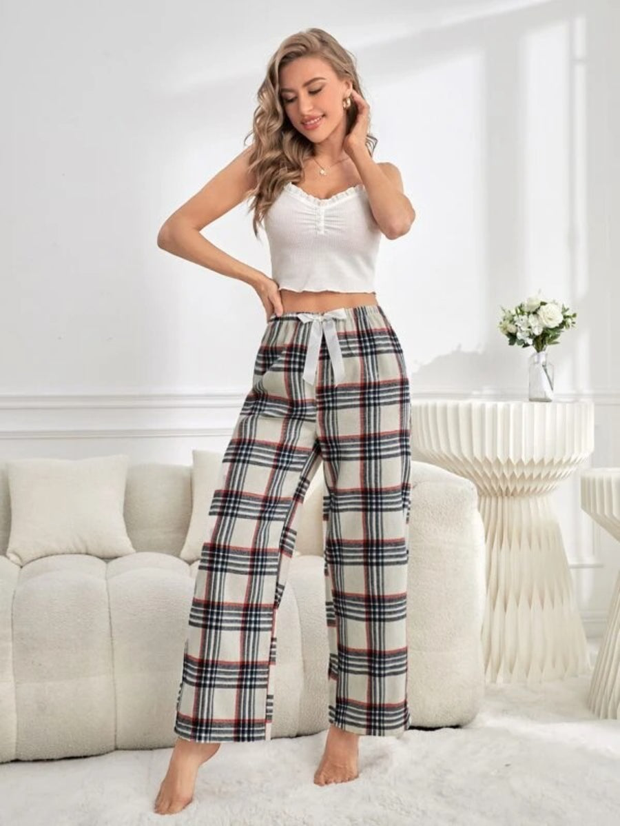 Tie Front Plaid Printed Sleep Pants