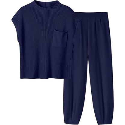 Two Piece Knit Sweatsuit Set Navy Blue