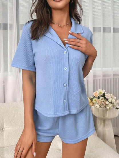 Waffle Knit Button Front Casual Lounge Set
