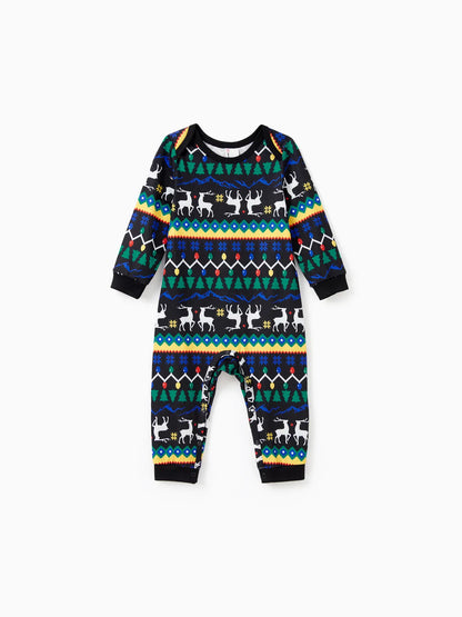 Xmas Light And Reindeer Pattern Family Matching Pajama Set Baby