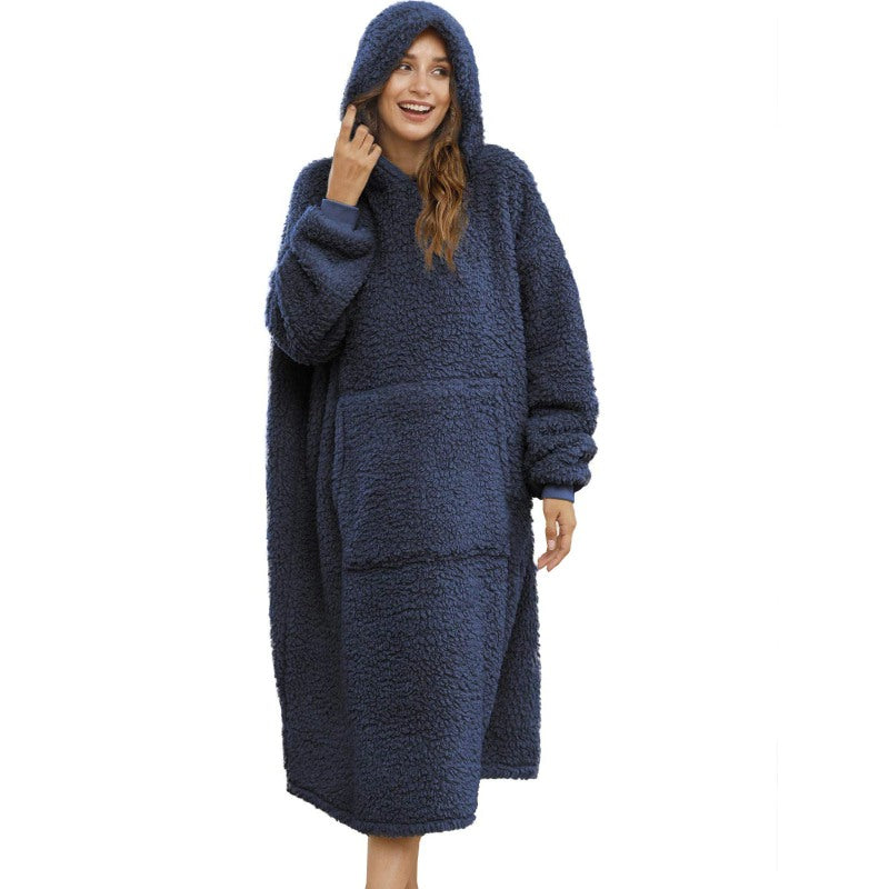 Long Warm Sherpa Fleece Sweatshirts Hoodie Navy Blue One Size