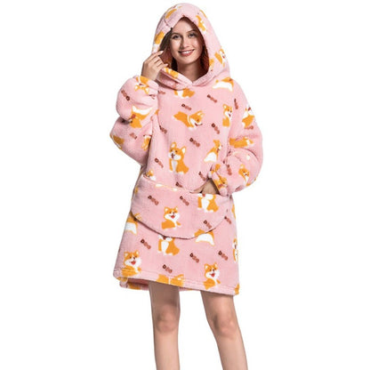 Printed Winter Oversized Fleece Hoodies Blanket Corgi Dog