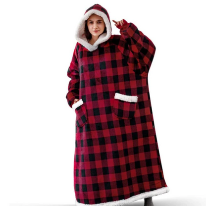 The Long Flannel Blanket Hoodie Oversized Wearable Blankets Red Grid