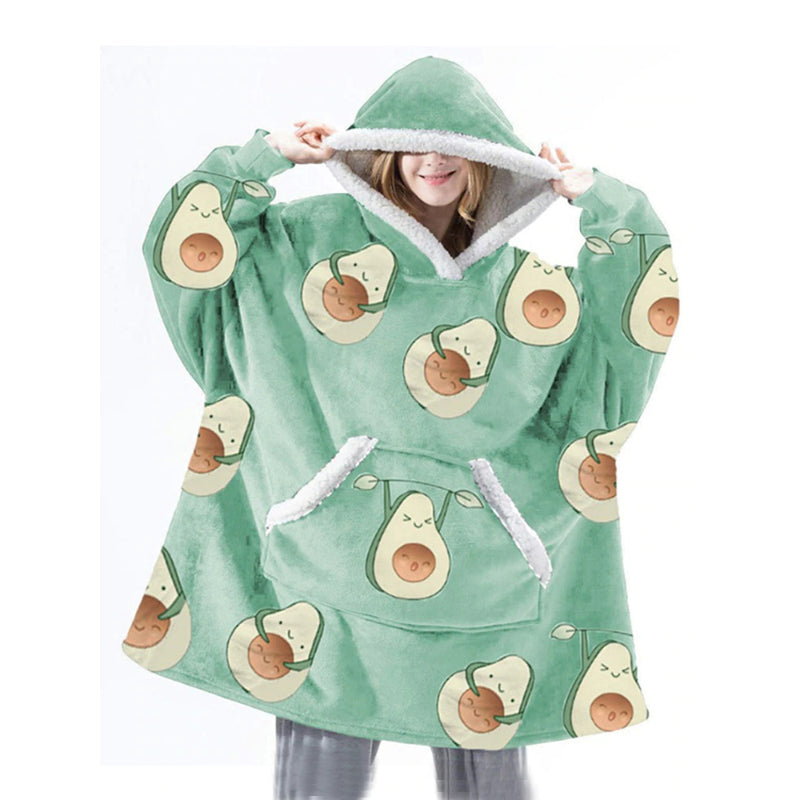 Printed Oversized Fleece Hoodie Wearable Blanket Green One Size