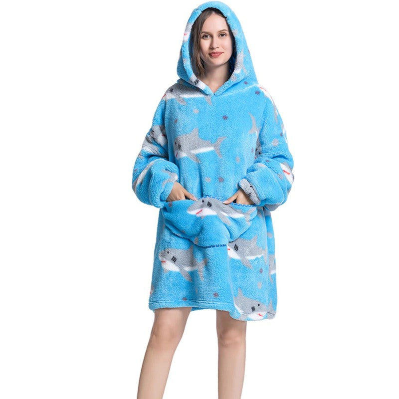 Printed Giant Warm Oversized Fleece Hoodies Blanket Gray Shark