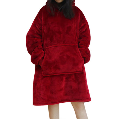 Solid Oversized Fleece Wearable Blanket Hoodie Red One Size