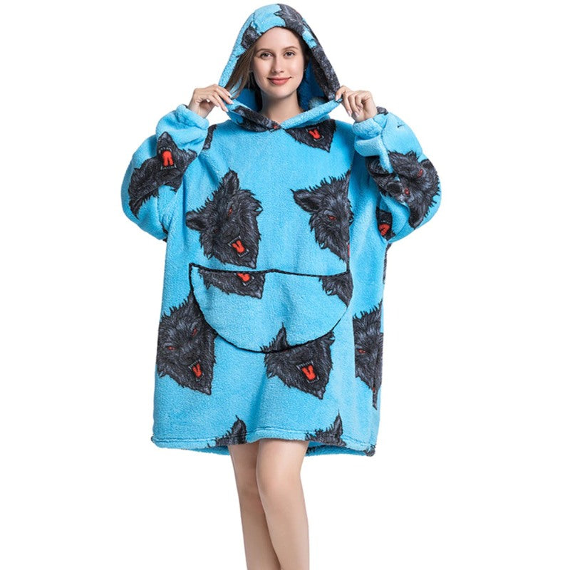 Printed Giant Warm Oversized Fleece Hoodies Blanket Wolf