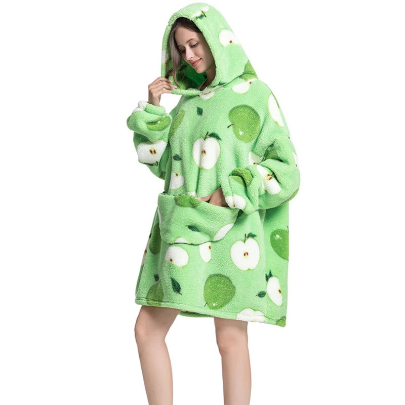 Printed Giant Warm Oversized Fleece Hoodies Blanket Green Apple