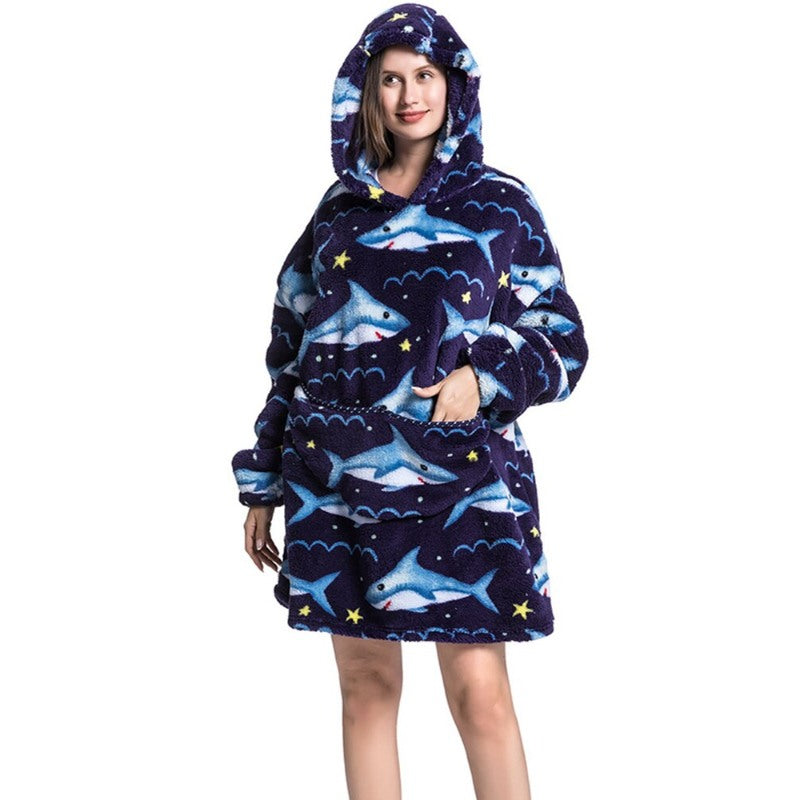 Printed Giant Warm Oversized Fleece Hoodies Blanket Blue Shark