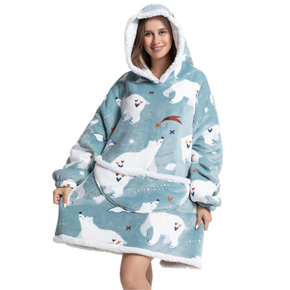 Oversized Winter Printed Hoodie Wearable Blanket Polar Bear One Size