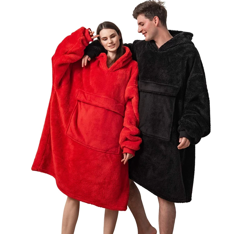 Winter Fleece Red and Black Blanket Hoodie