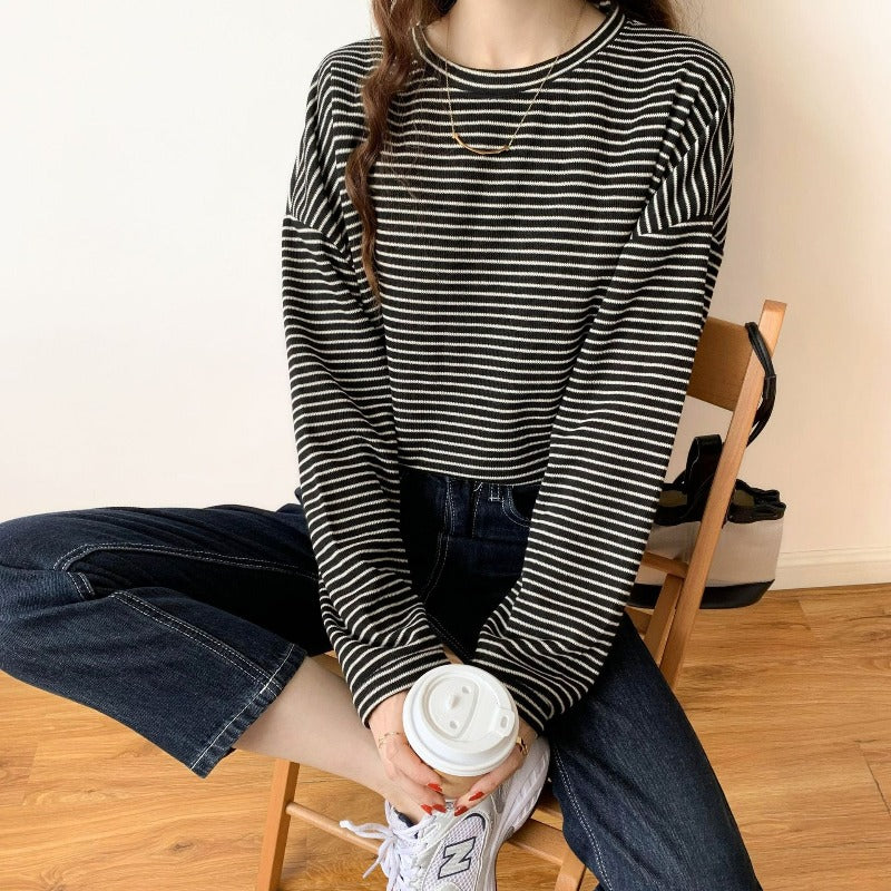 Long Sleeve Round Neck Striped Sweatshirt For Women