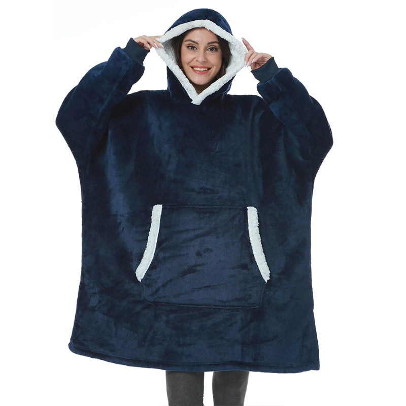 Solid Oversized Fleece Blanket Hoodie Wearable Blanket Navy Blue One Size