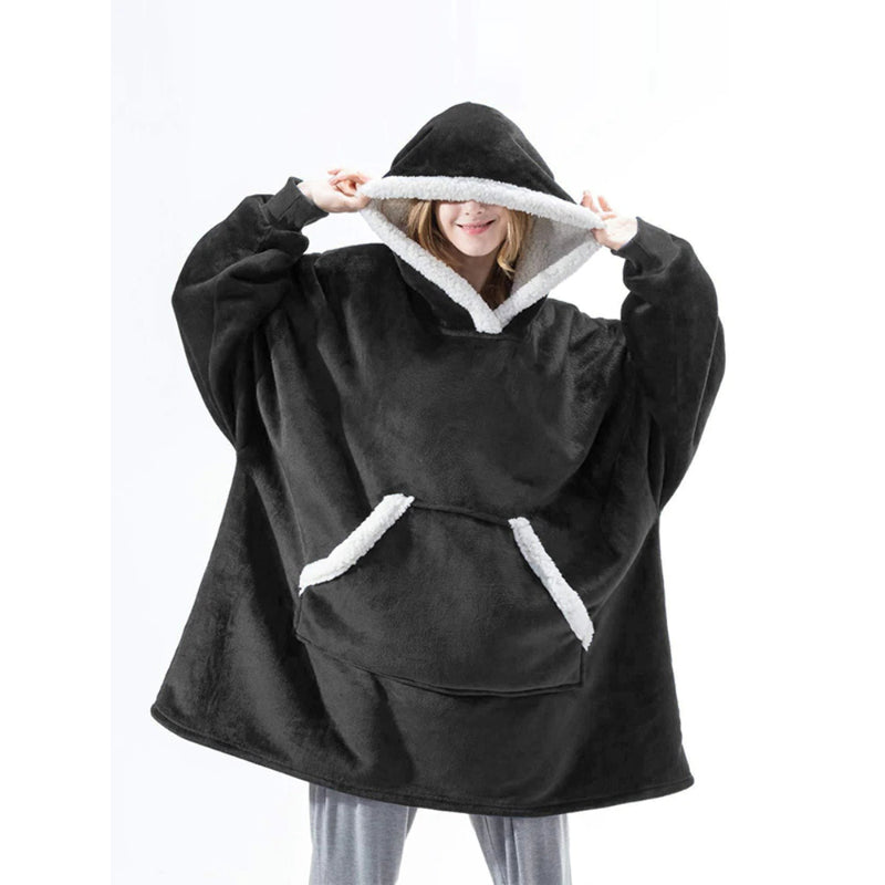 Oversized Giant Flannel Sweatshirt Fleece Wearable Hoody Black One Size