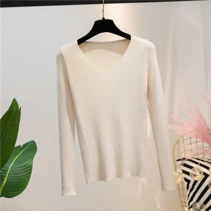 V-Neck Knitted Long-Sleeved Slim Tight Pullover For Women Off-White One Size