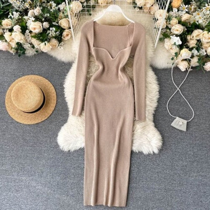 Elegant Low Neck Long Sleeve Dress For Women Khaki One Size